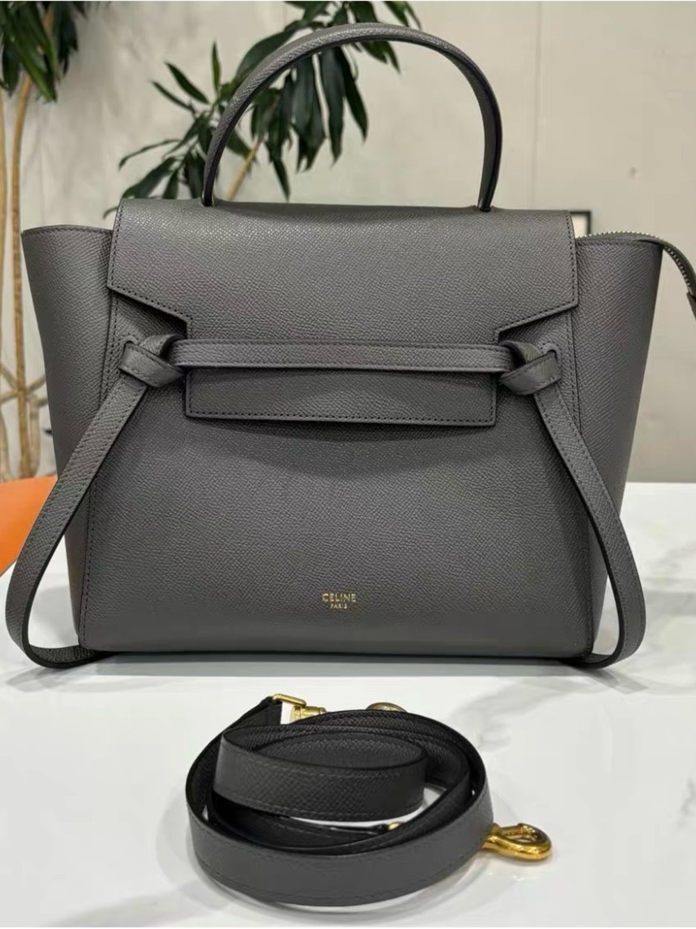 Celine Gray Pebbled Leather Medium Belt Bag with Gold Hardware